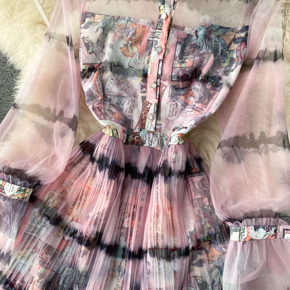 French high sense tie dye printed dress stand collar button up lantern sleeve waist closing thin gauze pleated mid length skirt