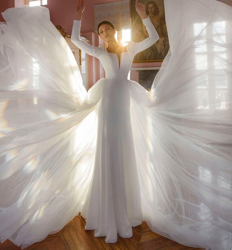 2023 Simple Satin Mermaid Wedding Dress Square Neck Full Sleeve Bride Gown Detachable Train Long Saudi Dubai Robe de Mariee