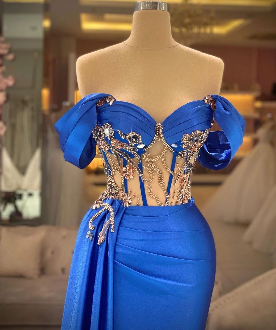 Blue Satin Mermaid Prom Dresses 2023 Off Shoulder Beaded crystal Top Plus Size Formal Evening Dresses For Arabic