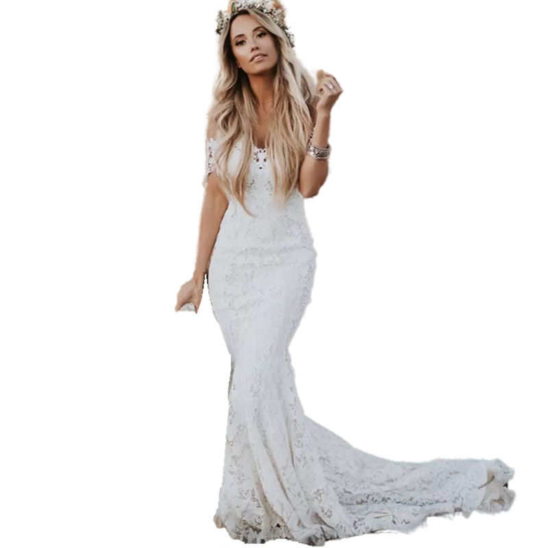 2023 Bohemian Floral Lace Mermaid Wedding Dresses Off The Shoulder Sweetheart Neck Country Bridal Gowns Boho Beach Robe De Marriage Back Lace-Up Custo