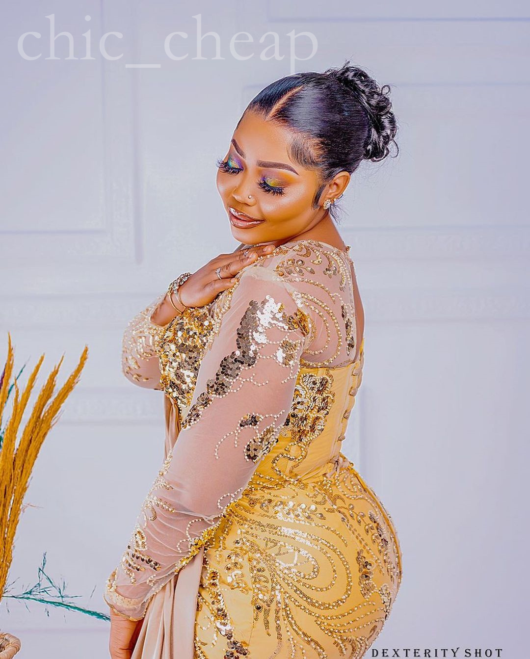 Arabic Aso Ebi Gold Sheath Prom Dresses Sequined Lace Evening Formal Party Second Reception Birthday Engagement Gowns Dress ZJ