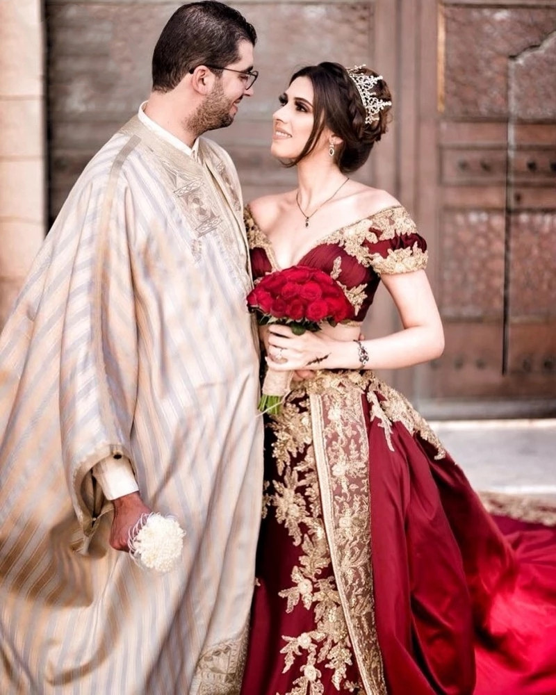 Traditional Tunisia Arabic Two Pieces Burgundy prom Dresses Applique gold lace Women Pants evening Gowns Outfits