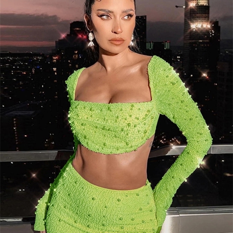 Two Piece Dress Mozision Pearl Sexy Set Square Collar Full Sleeve And Split Skirt Matching Female Club Party Set 221018