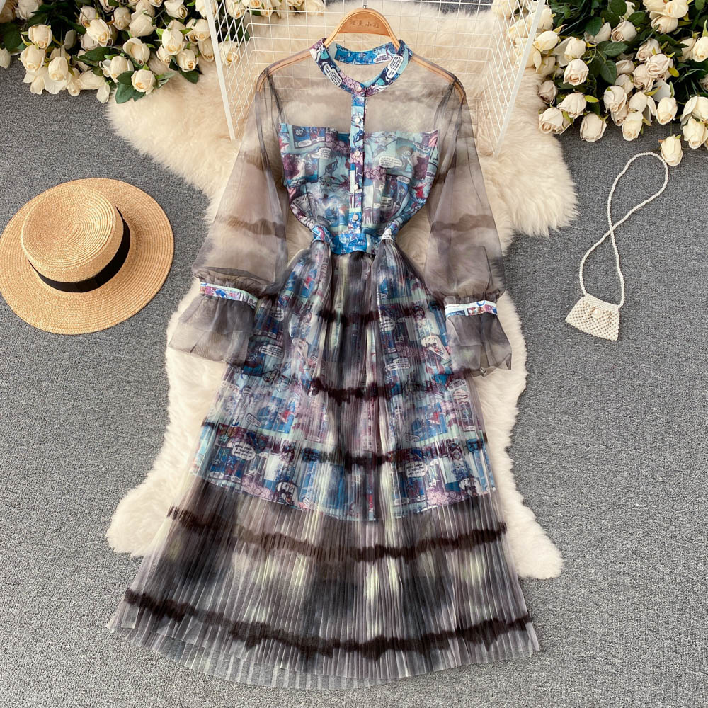 French high sense tie dye printed dress stand collar button up lantern sleeve waist closing thin gauze pleated mid length skirt