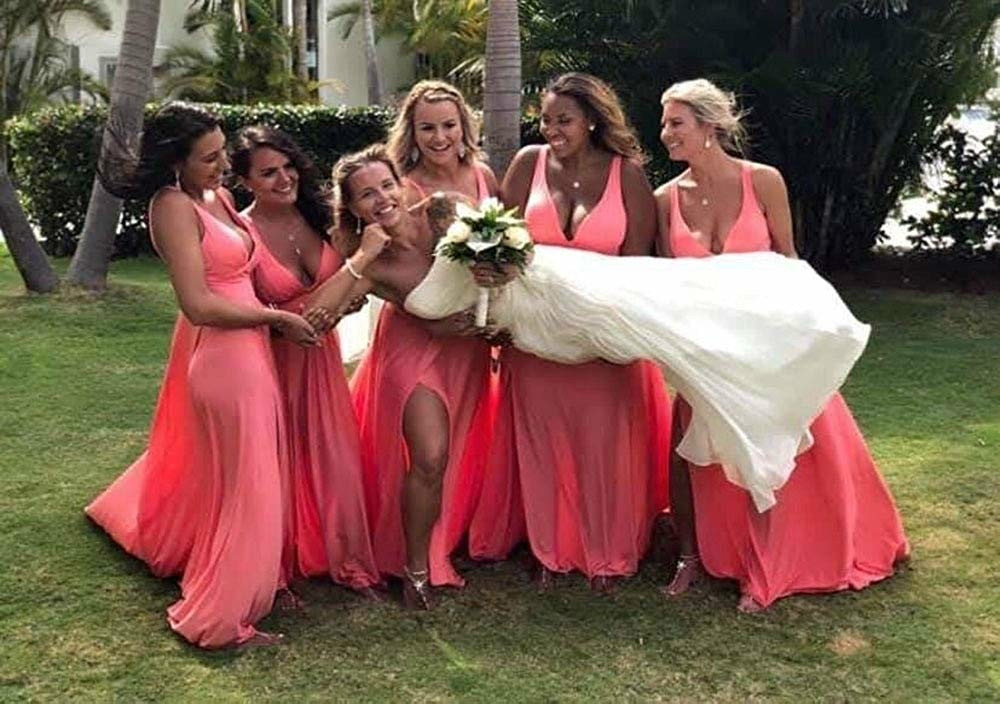 Bridesmaid Dresses Long V Neck Backless Split Prom Gowns for Women Party Evening Dress