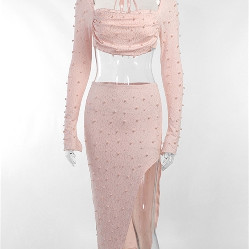 Two Piece Dress Mozision Pearl Sexy Set Square Collar Full Sleeve And Split Skirt Matching Female Club Party Set 221018