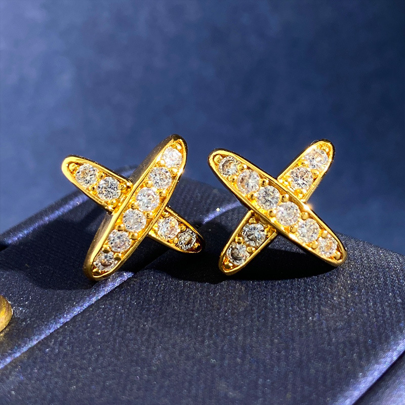 New arrive X letter character stud Earring full crystal for woman zircon Mosaic claw drilled smooth surface metal cross C-shaped stud female Gift