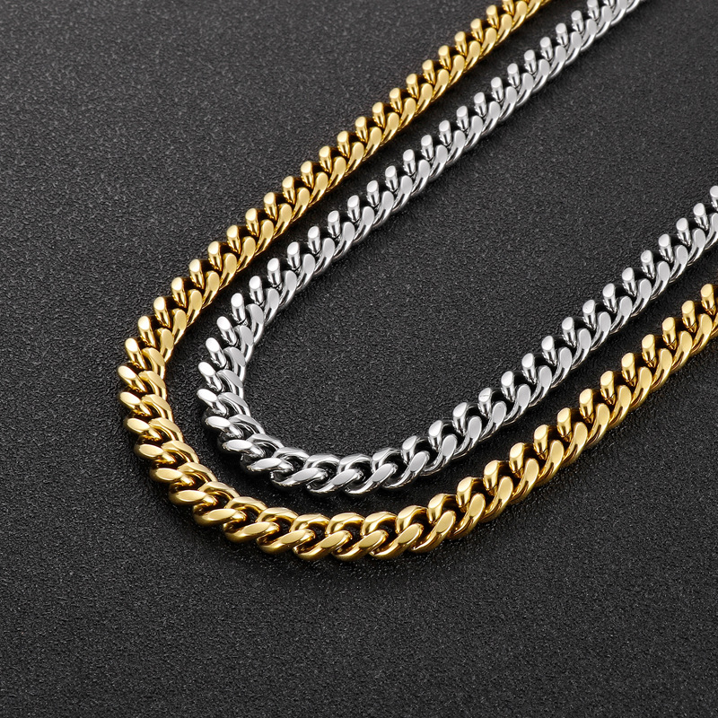 Hip Hop Stainless Steel Cuban Link Chain Necklace Bracelets Simple Mens Jewelry
