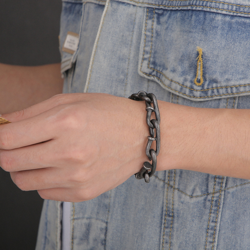 Nail Link Chain Bracelets Punk Men's Retro Stainless Steel Hip Hop Rock Bangle Jewelry