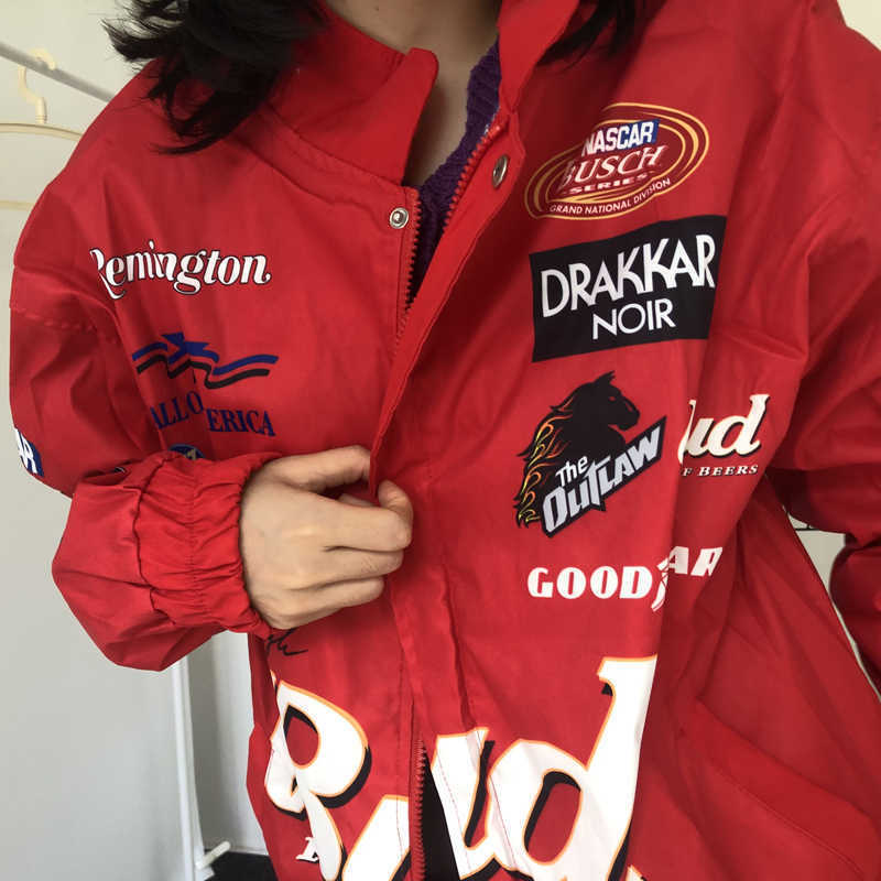 women winter jacket Coat Red Printed zipper Long Sleeve racing Jackets Vintage Sport Style Polyester Bomber Jacket Women 210827