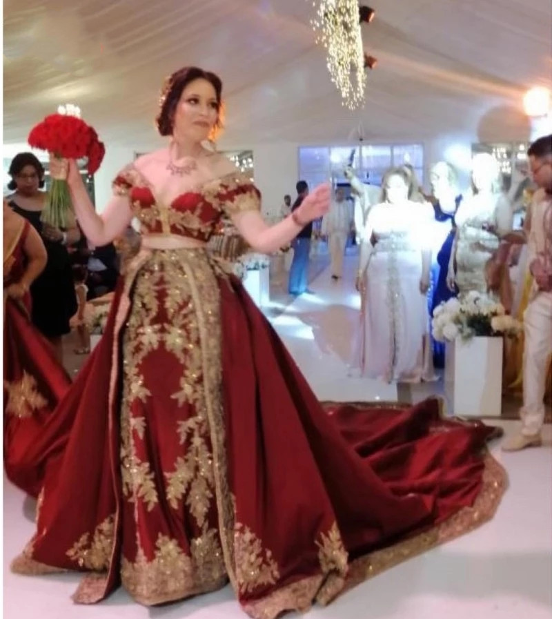 Traditional Tunisia Arabic Two Pieces Burgundy prom Dresses Applique gold lace Women Pants evening Gowns Outfits
