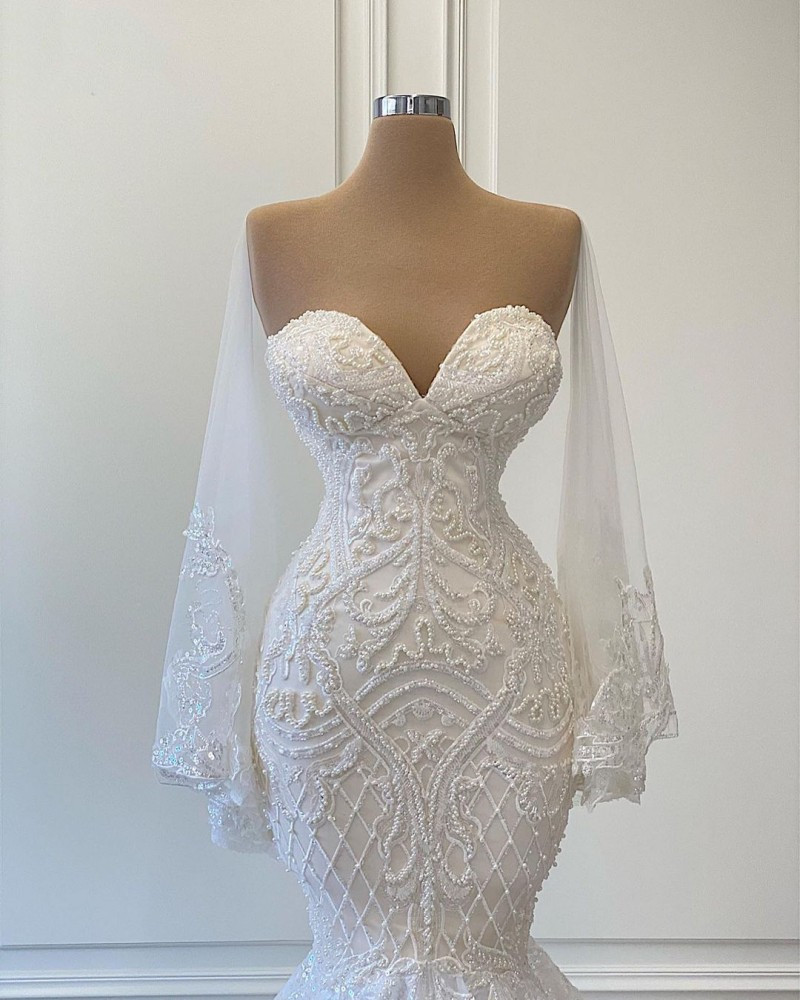 Modern Mermaid Wedding Dresses with Cape Train Pearls Applique Lace-up corset Arabic Bridal Gowns robe de mariee