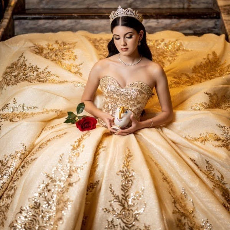 Gold Sequin Quinceanera Dresses Petal Power Teens Girls Prom Gowns Bead Puffy Sweet 15 Vestidos De XV Anos