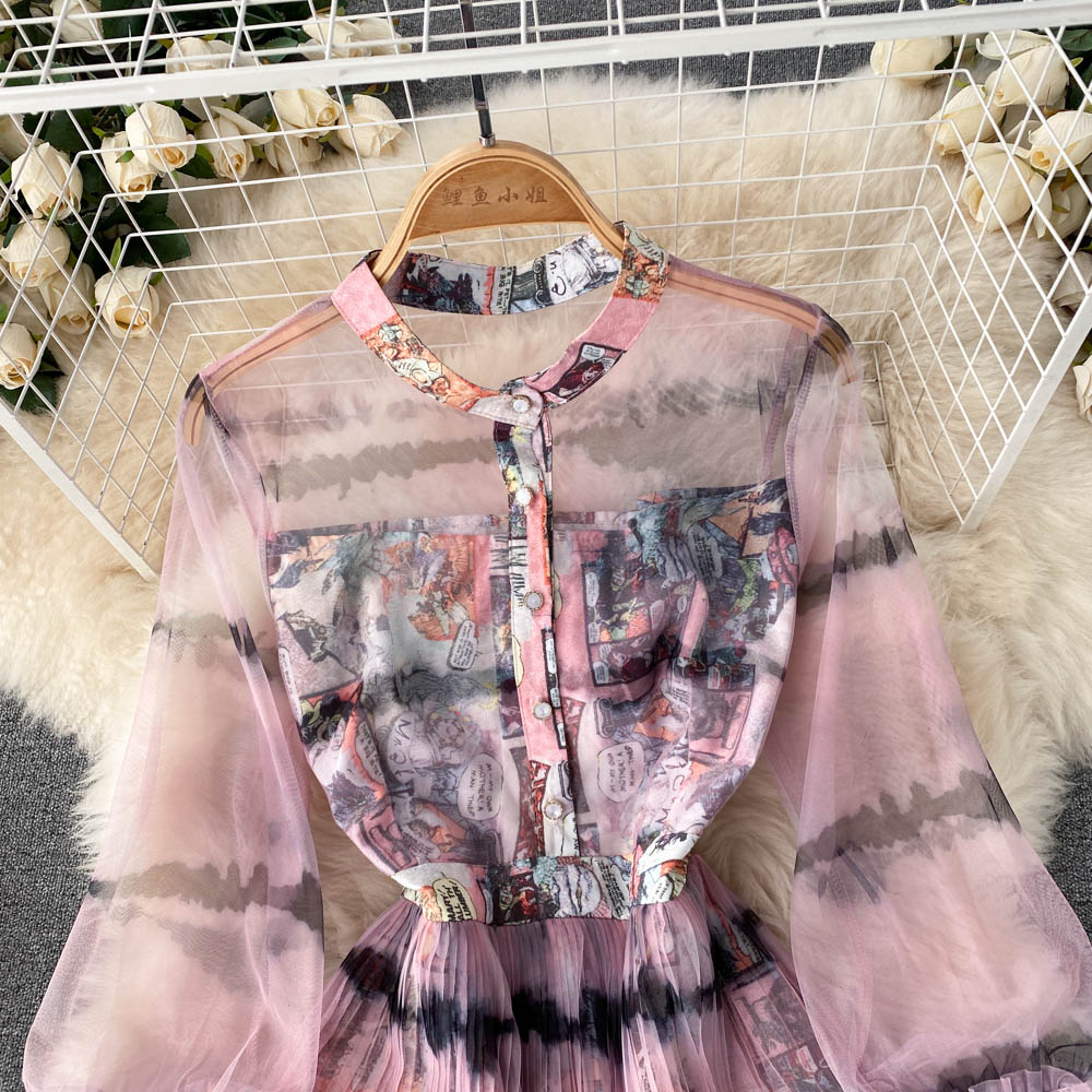 French high sense tie dye printed dress stand collar button up lantern sleeve waist closing thin gauze pleated mid length skirt