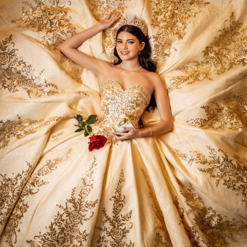 Gold Sequin Quinceanera Dresses Petal Power Teens Girls Prom Gowns Bead Puffy Sweet 15 Vestidos De XV Anos