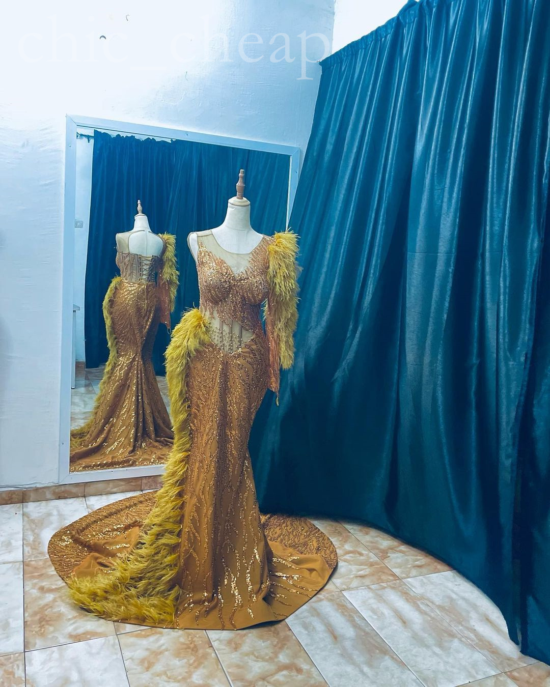 arabic aso ebi mermaid gold prom dresses sequined lace evening formal party second reception birthday engagement gowns dress zj732