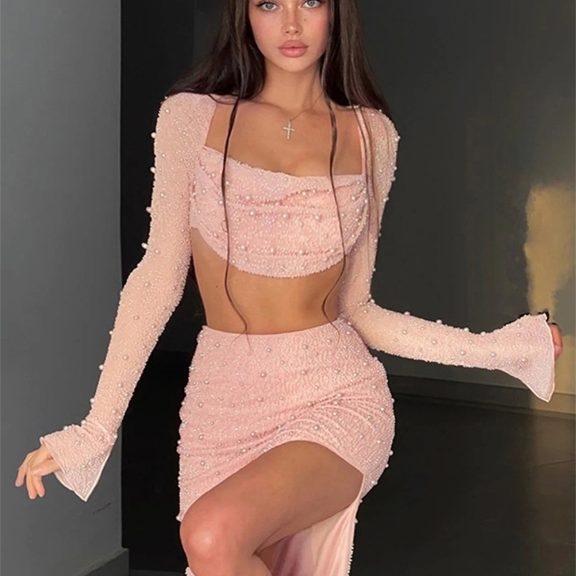 Two Piece Dress Mozision Pearl Sexy Set Square Collar Full Sleeve And Split Skirt Matching Female Club Party Set 221018