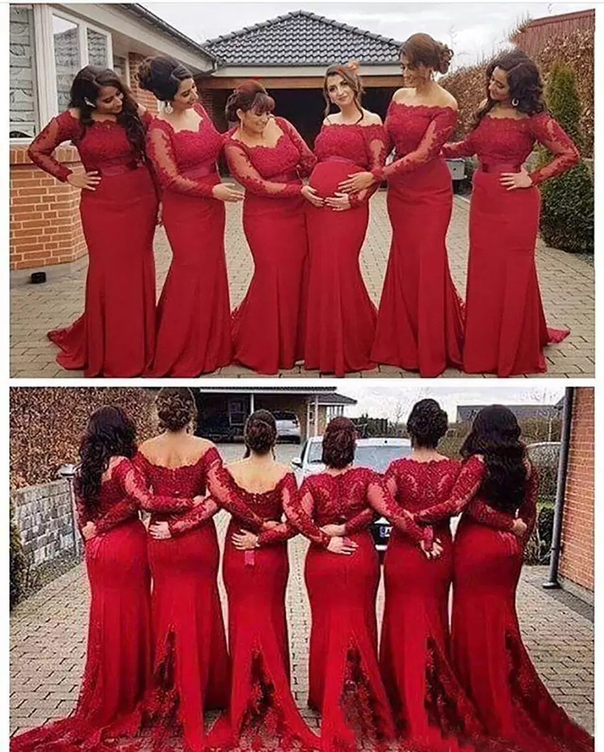 Red Long Mermaid Bridesmaid Dress Off Shoulder Plus Size Wedding Party Gowns Lace Full Sleeve Women Formal Evening Gowns Prom Robe De Soriee