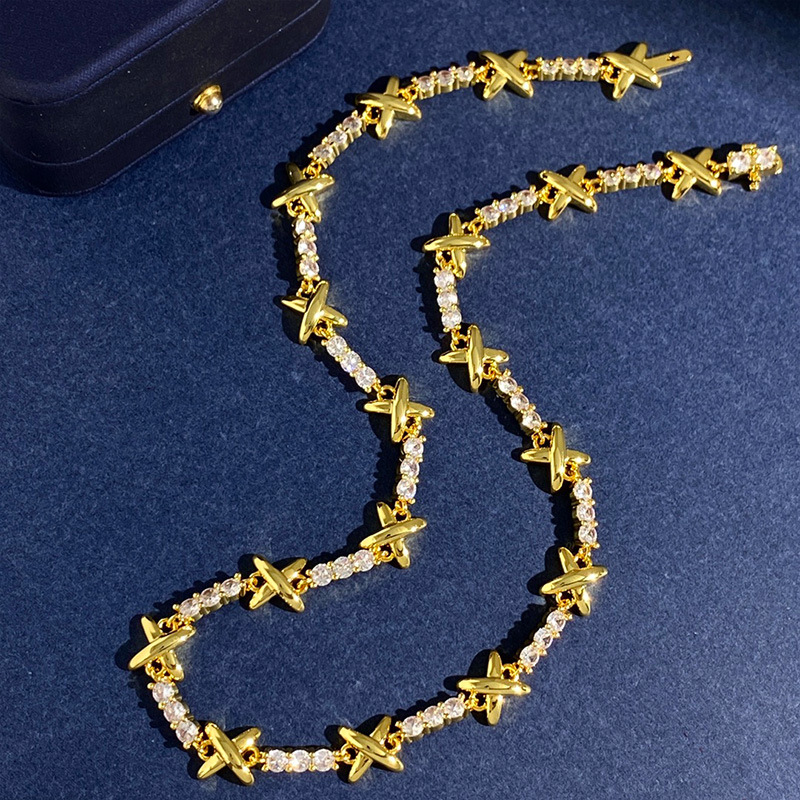 2022 New arrive X letter character necklace for woman jewelry zircon Mosaic claw drilled smooth surface metal cross Gift