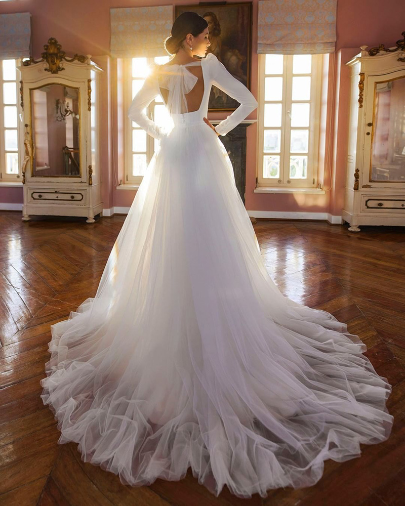 2023 Simple Satin Mermaid Wedding Dress Square Neck Full Sleeve Bride Gown Detachable Train Long Saudi Dubai Robe de Mariee