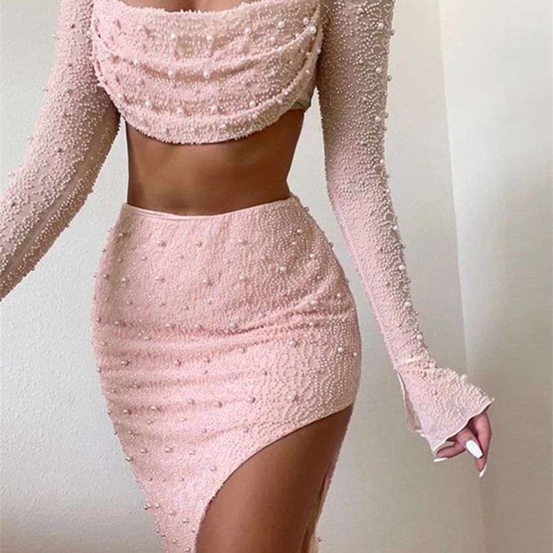 Two Piece Dress Mozision Pearl Sexy Set Square Collar Full Sleeve And Split Skirt Matching Female Club Party Set 221018