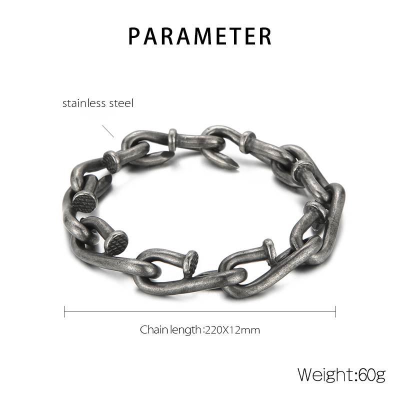 Nail Link Chain Bracelets Punk Men's Retro Stainless Steel Hip Hop Rock Bangle Jewelry