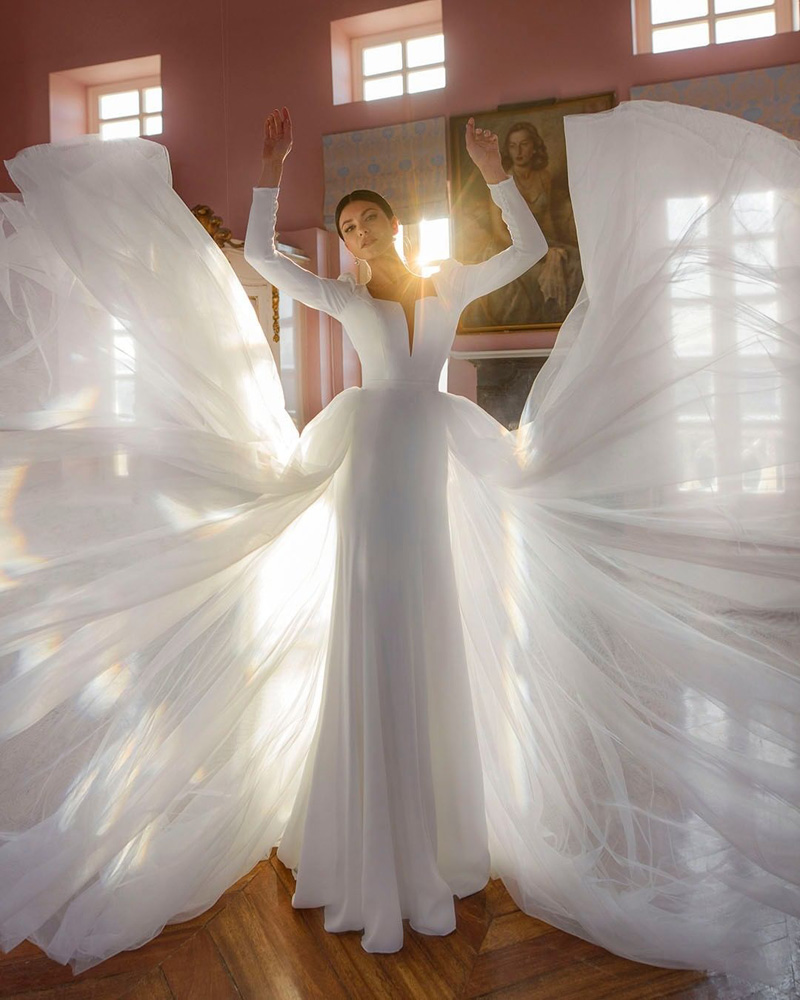 2023 Simple Satin Mermaid Wedding Dress Square Neck Full Sleeve Bride Gown Detachable Train Long Saudi Dubai Robe de Mariee