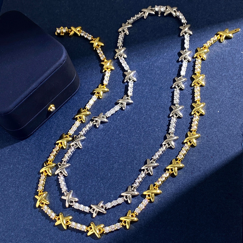 2022 New arrive X letter character necklace for woman jewelry zircon Mosaic claw drilled smooth surface metal cross Gift
