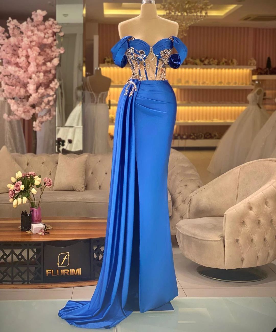 Blue Satin Mermaid Prom Dresses 2023 Off Shoulder Beaded crystal Top Plus Size Formal Evening Dresses For Arabic