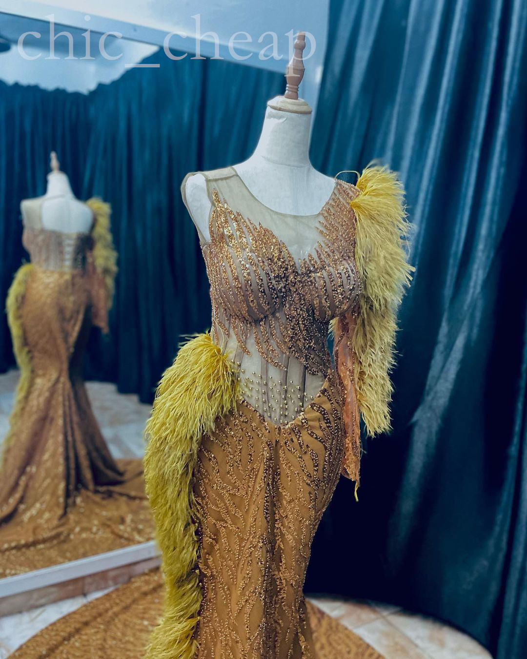 arabic aso ebi mermaid gold prom dresses sequined lace evening formal party second reception birthday engagement gowns dress zj732