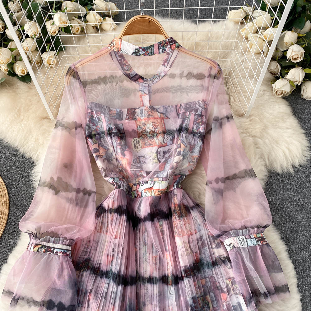 French high sense tie dye printed dress stand collar button up lantern sleeve waist closing thin gauze pleated mid length skirt