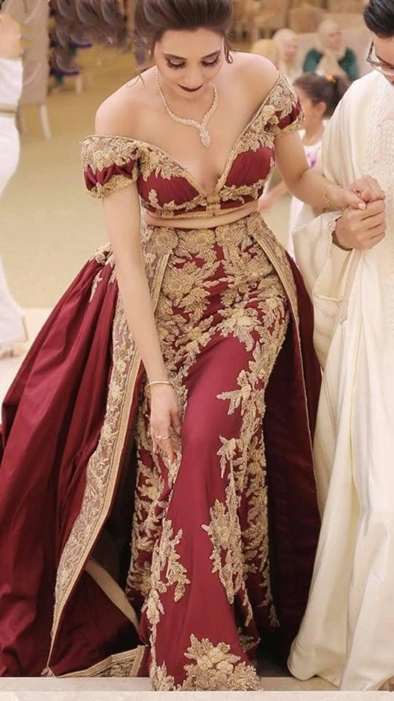 Traditional Tunisia Arabic Two Pieces Burgundy prom Dresses Applique gold lace Women Pants evening Gowns Outfits