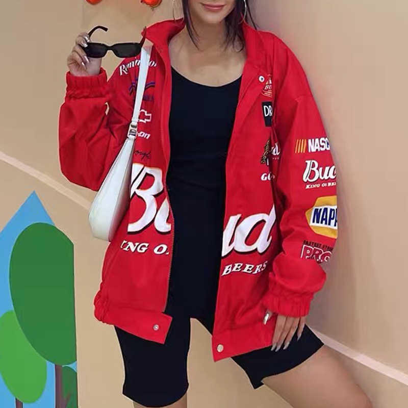 women winter jacket Coat Red Printed zipper Long Sleeve racing Jackets Vintage Sport Style Polyester Bomber Jacket Women 210827