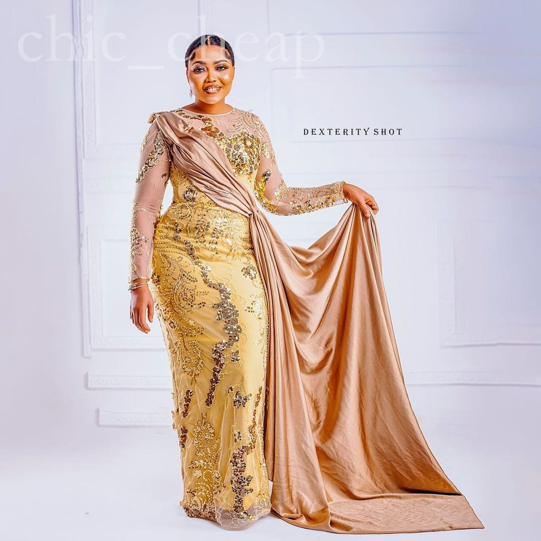 Arabic Aso Ebi Gold Sheath Prom Dresses Sequined Lace Evening Formal Party Second Reception Birthday Engagement Gowns Dress ZJ