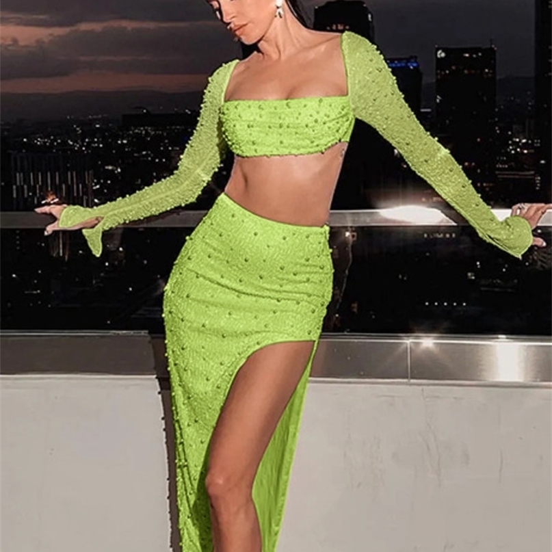 Two Piece Dress Mozision Pearl Sexy Set Square Collar Full Sleeve And Split Skirt Matching Female Club Party Set 221018