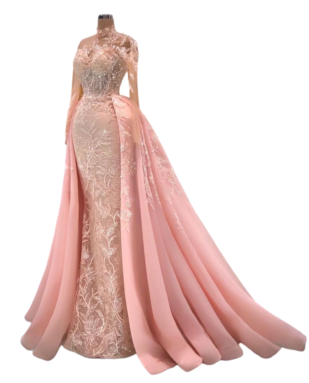 Peach Pink Mermaid Prom Occasion Dresses with Detachable Train Lace Floal Sheer High Neck Long Sleeve Arabic Evening Gown