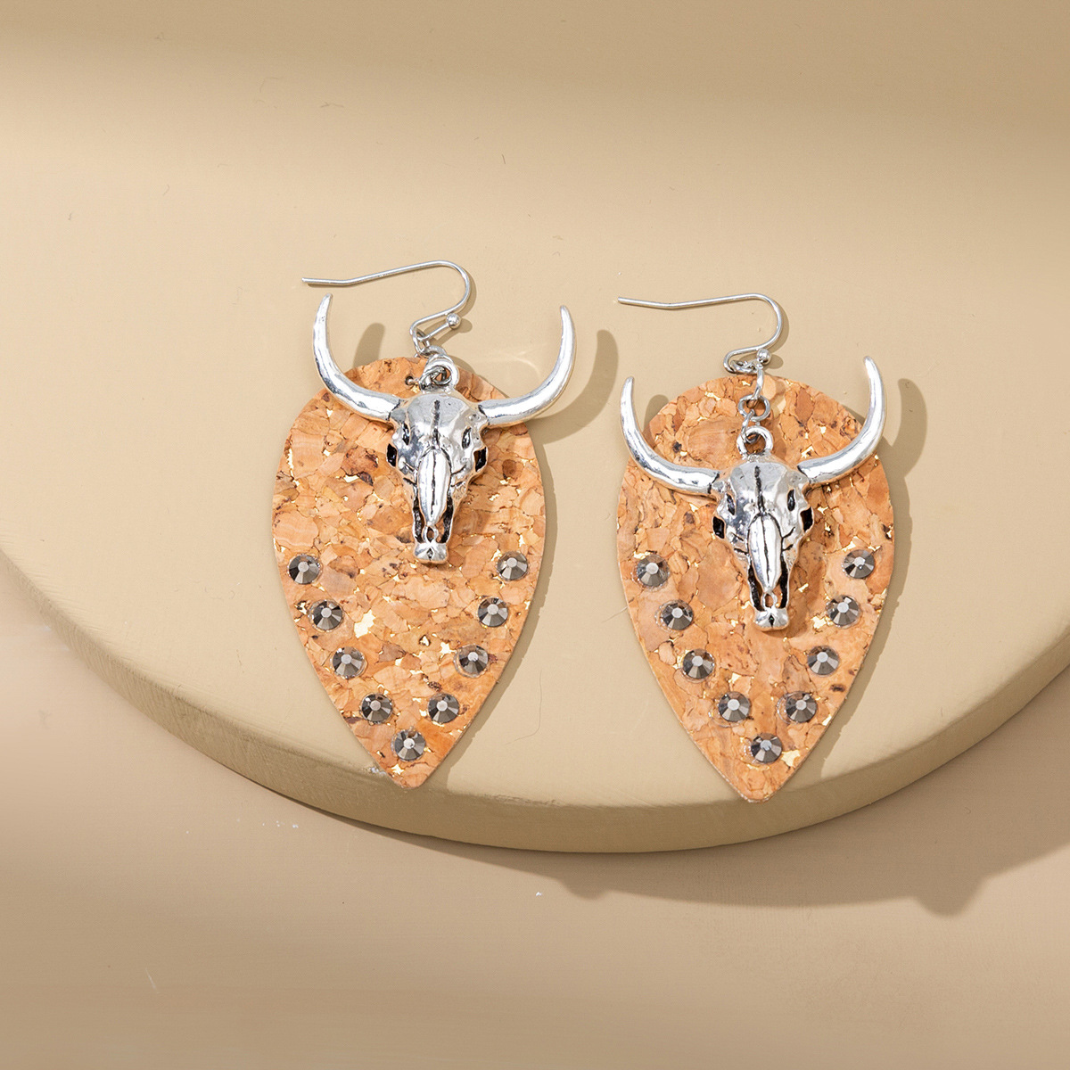 S3275 Dangle Western Cowboy Earrings For Women Cow Head Pendant Rhinestone Exotic Style PU Leather Earrings