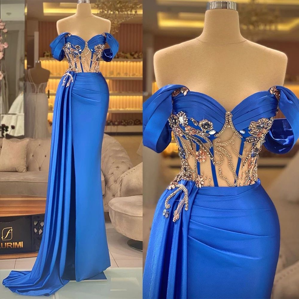 Blue Satin Mermaid Prom Dresses 2023 Off Shoulder Beaded crystal Top Plus Size Formal Evening Dresses For Arabic