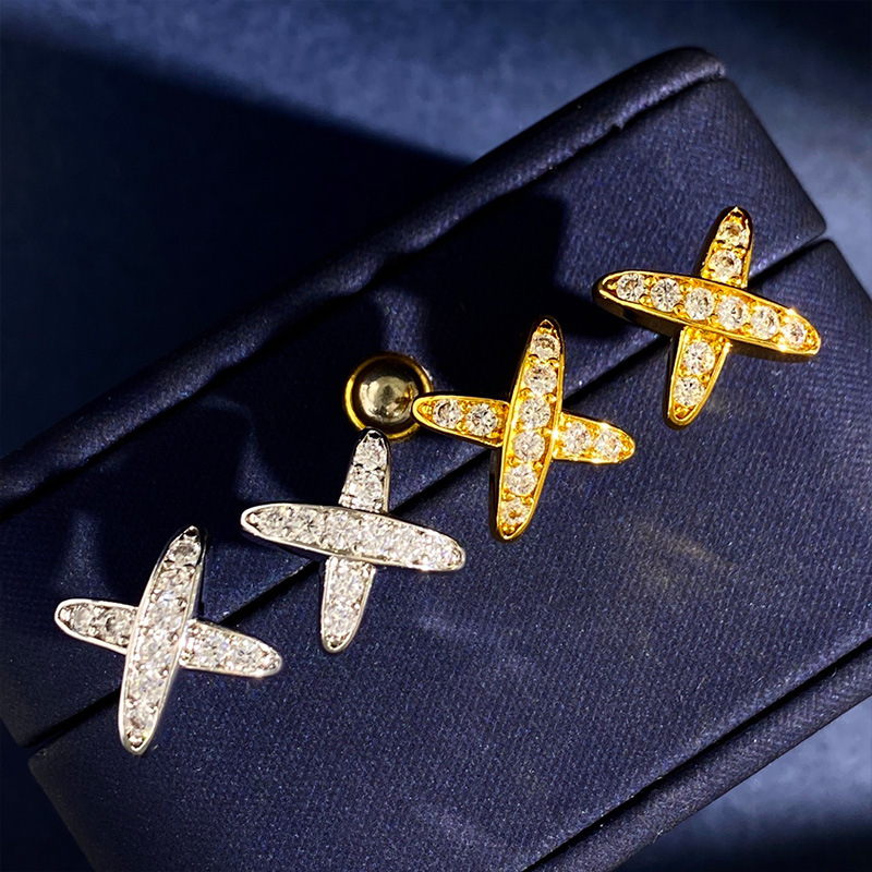 New arrive X letter character stud Earring full crystal for woman zircon Mosaic claw drilled smooth surface metal cross C-shaped stud female Gift