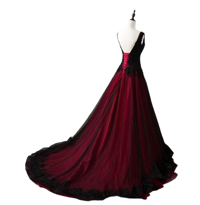 Vintage Red and Black Gothic Wedding Dress V-Neck Beaded Lace Appliques A-line Long Tulle Vintage Non White Sleeveless Bridal Gowns Plus Size 2023