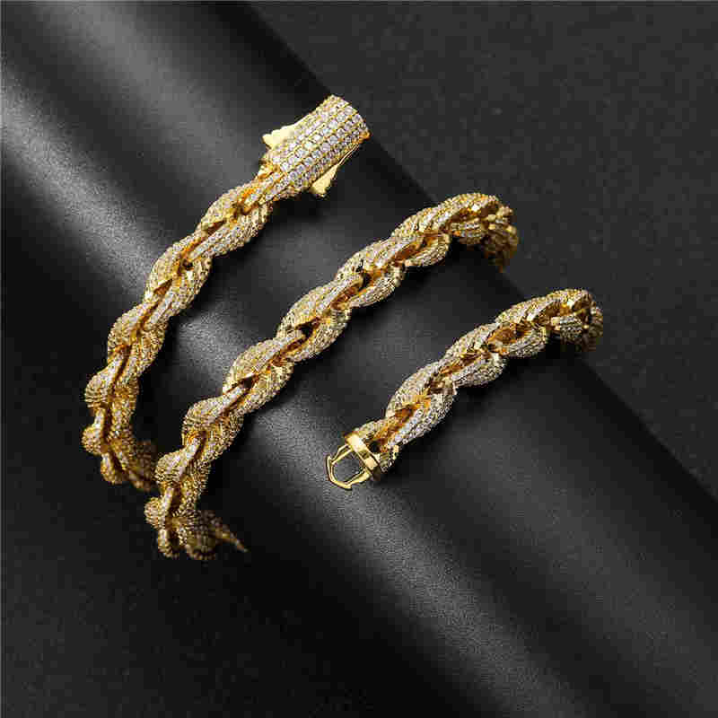 8mm 16-24inch Yellow White Gold Plated Full Moissanite Rope Chain Necklace 7/8inch Bracelet Fashion Jewelry For Men Women