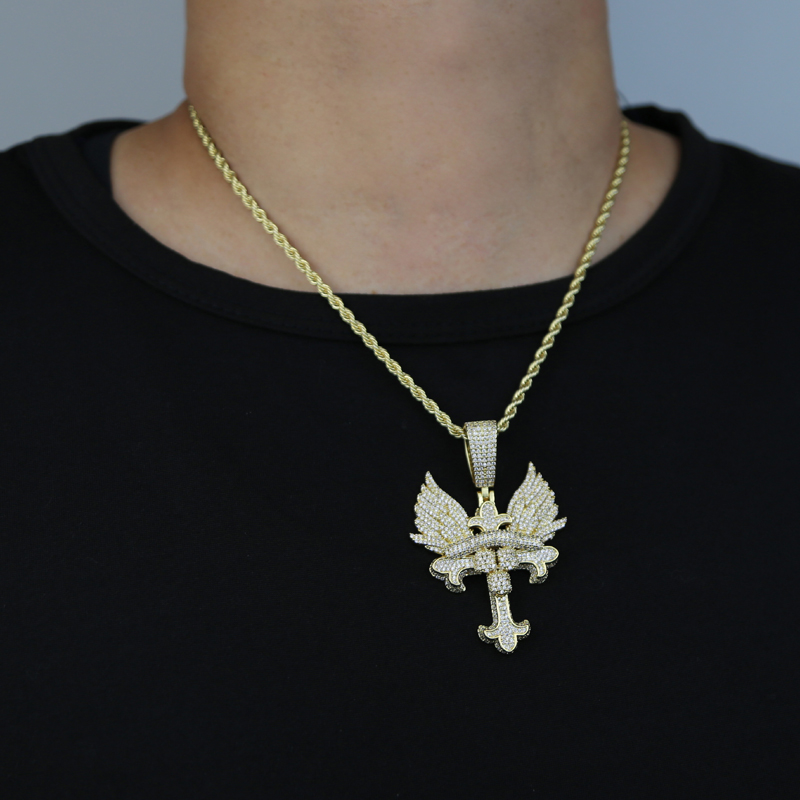 Iced out hip hop necklace with angle wing paved 5A cubic zircon cross charm pendant with gold silver plated punk styles cz necklaces jewelry drop ship