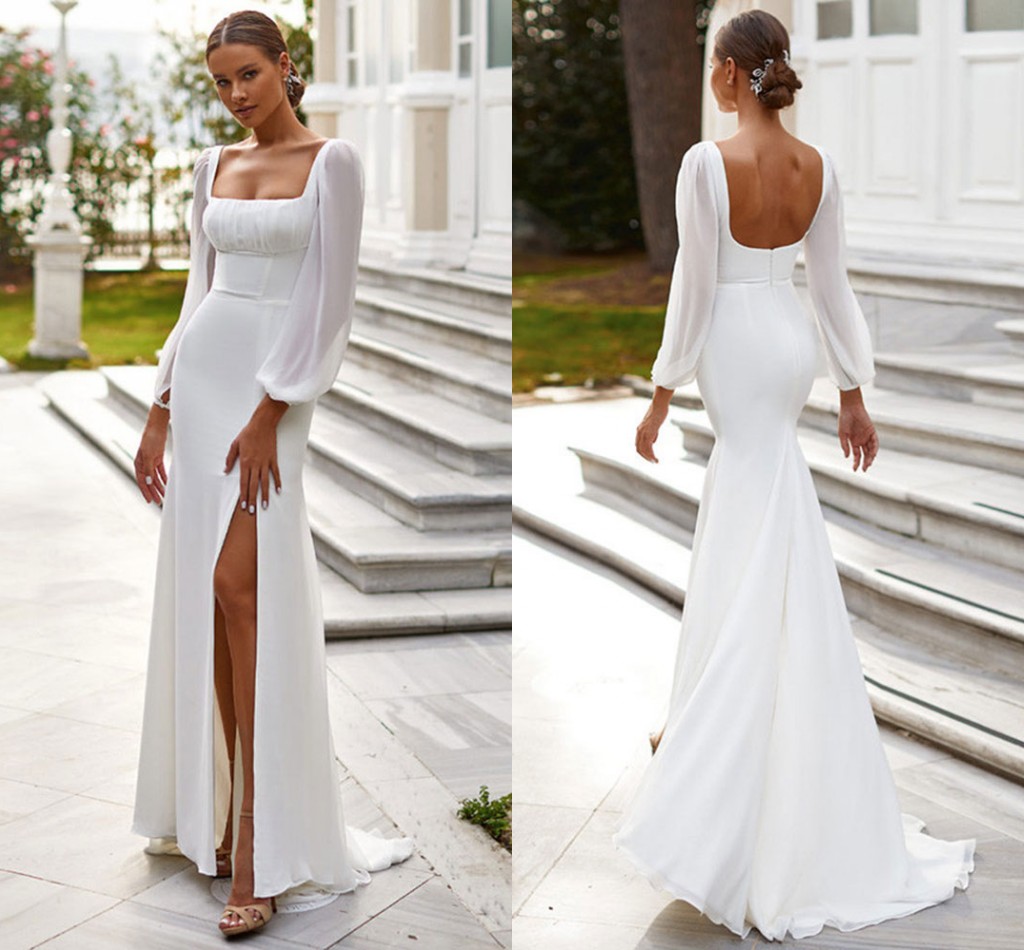 2023 Simple Elegant Chiffon Mermaid Wedding Dresses Long Sleeves Side Split White Beach Mariage Bride Gowns Vestidos De Novia Custom Made