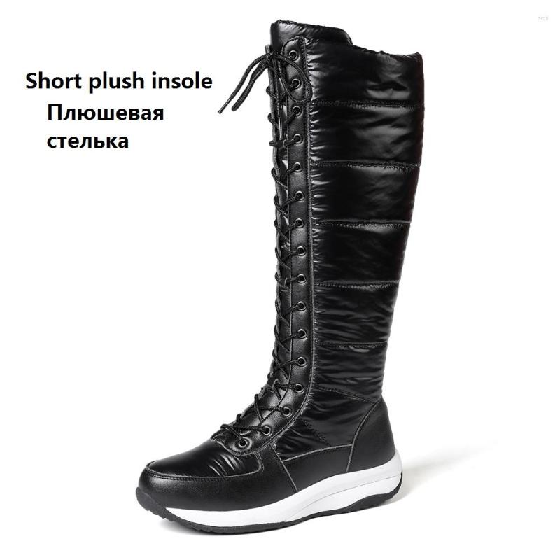 Boots Fashion Women Winter Genuine Leather Knee High Boot Zipper Low Heels Snow Ladies Fur Casual Flat Shoes Black Plus Size