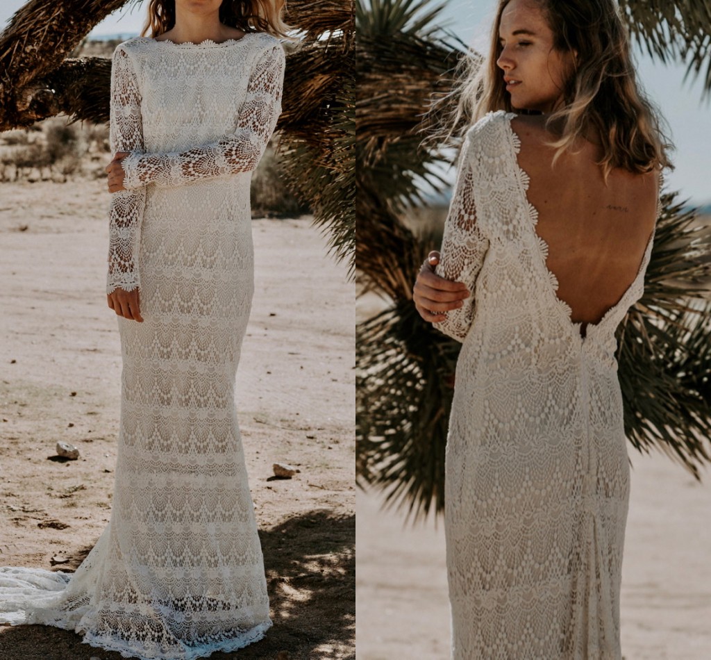 Hipple O Neck Bohemian wedding dress Lace Open Back Sweep Train Beach Crochet Cotton Lace Long Sleeve Bridal gown Dress
