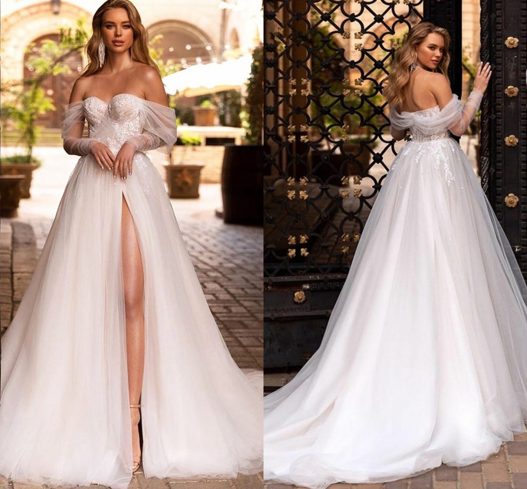 Lace Appliques Sweetheart Neck Wedding Dress 2023 Princess Off Shoulder Beach Party Bridal Gown Applique Split Vestido De Noiva