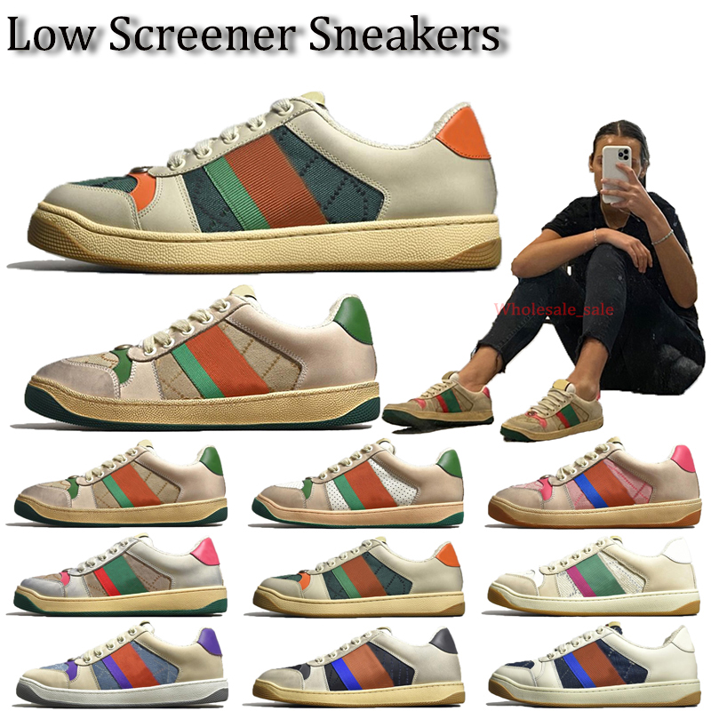 Designer Italy Low Heel Shoes Stripes Fashion Leather Lace up Tennis Shoe Fabric Butter Leather Beige Ebony Original Canvas Casual Men Women Screener Trainers