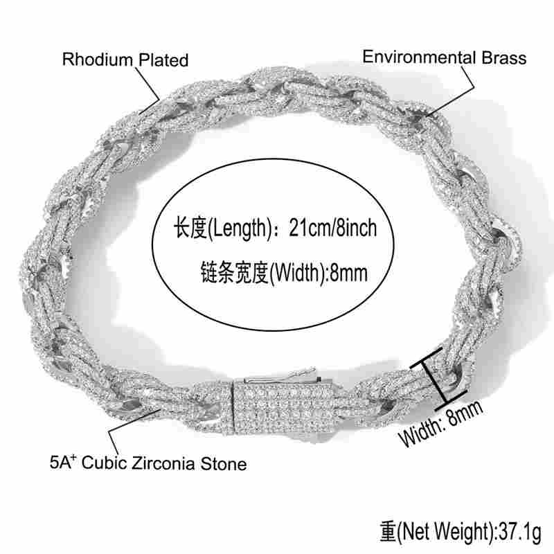 8mm 16-24inch Yellow White Gold Plated Full Moissanite Rope Chain Necklace 7/8inch Bracelet Fashion Jewelry For Men Women