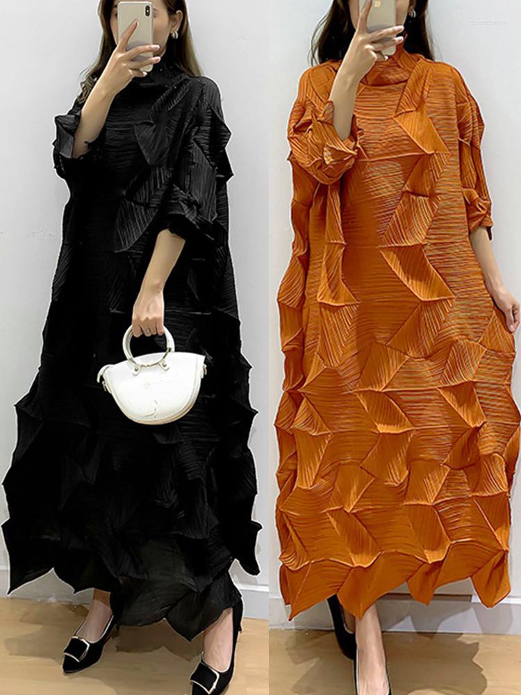 Casual Dresses Miyake Fold Long Dress Women Loose Folds Turtleneck A-Line Vintage Holiday Elegant Maxi Black Wedding Party Y2k Vestido