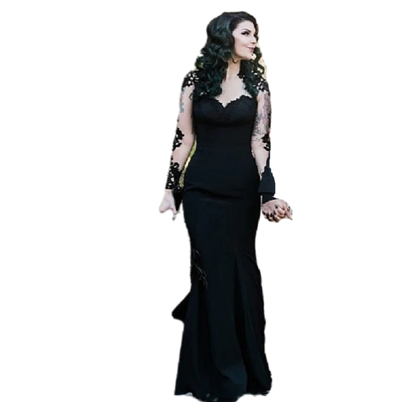 Gothic Black Mermaid Wedding Dresses Illusion Sexy Backless Long Sleeve Bridal Gowns 2023 Lace Appliques Buttons Court Train Robe De Mariee